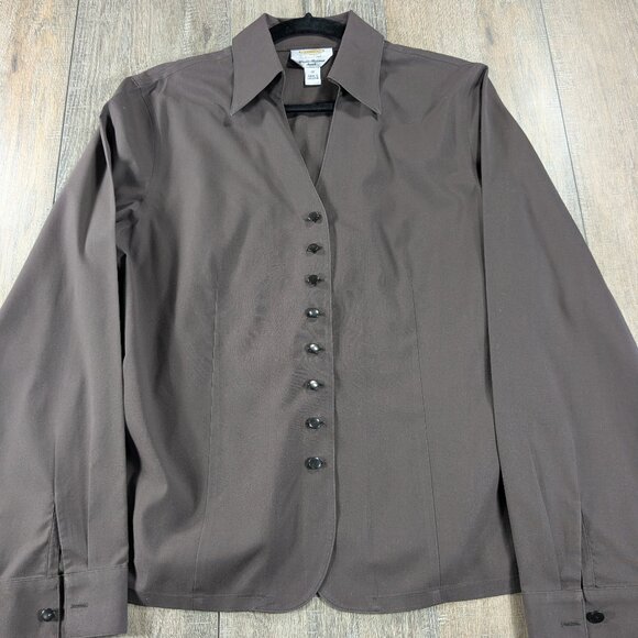 Talbots Top Womens 12 Brown Button Up Wrinkle Resistant Stretch Long Sleeve Prep - Picture 1 of 10